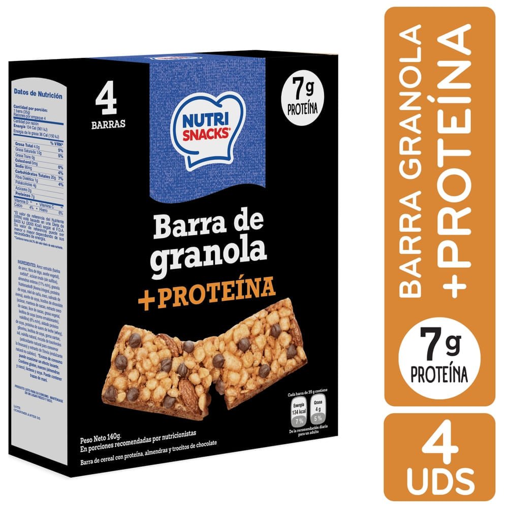 Barras Nutrisnacks de granola + proteína con almendras y trocitos de chocolate - 140 g Sv Barras Nutrisnack Proteina 140 Gr