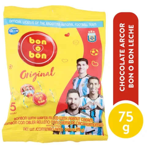 Chocolate Arcor bon o bon leche - 75 g Chocolate bon o bon Arcor relleno de crema de maní y oblea 5 uds- 75 g