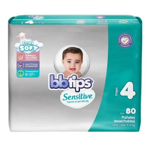 Panal Bbtips Sensitive T4 80 Ea Pañal Bbtips para bebé talla 4 - 80 Uds